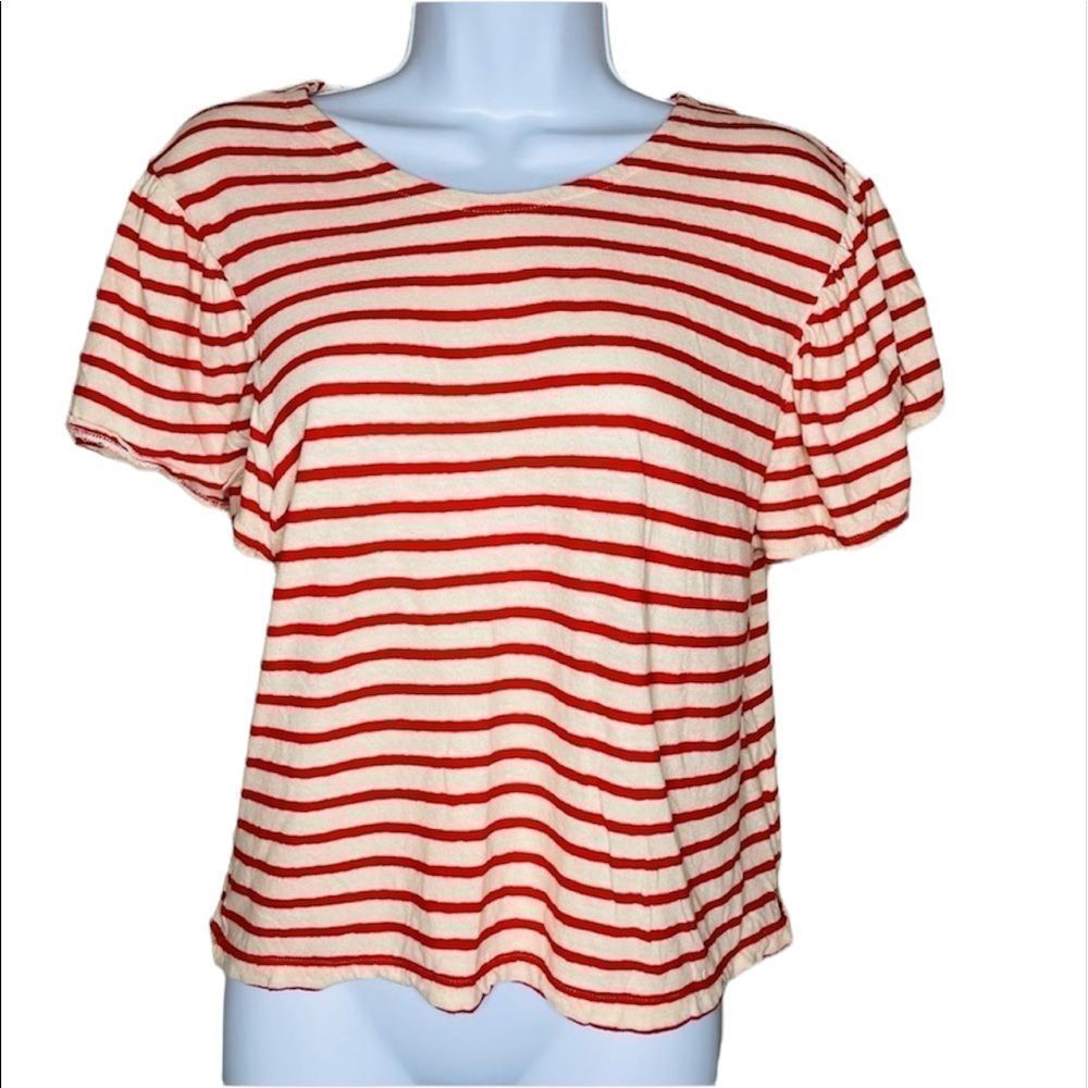 Madewell Short Sleeve Cream and Red Striped Flutter Sleeve Top | M